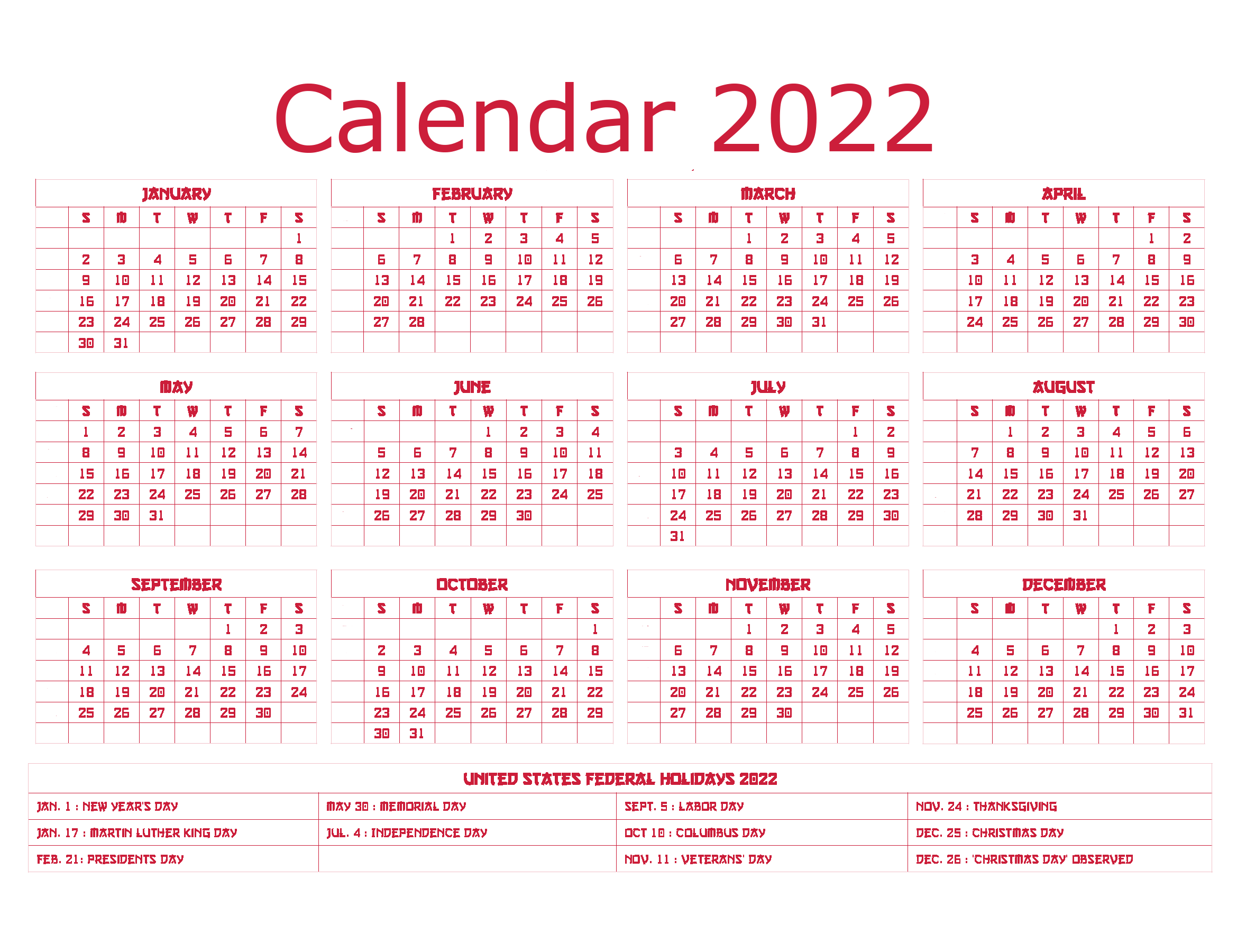 Calendar 2022 Year Transparent PNG Image
