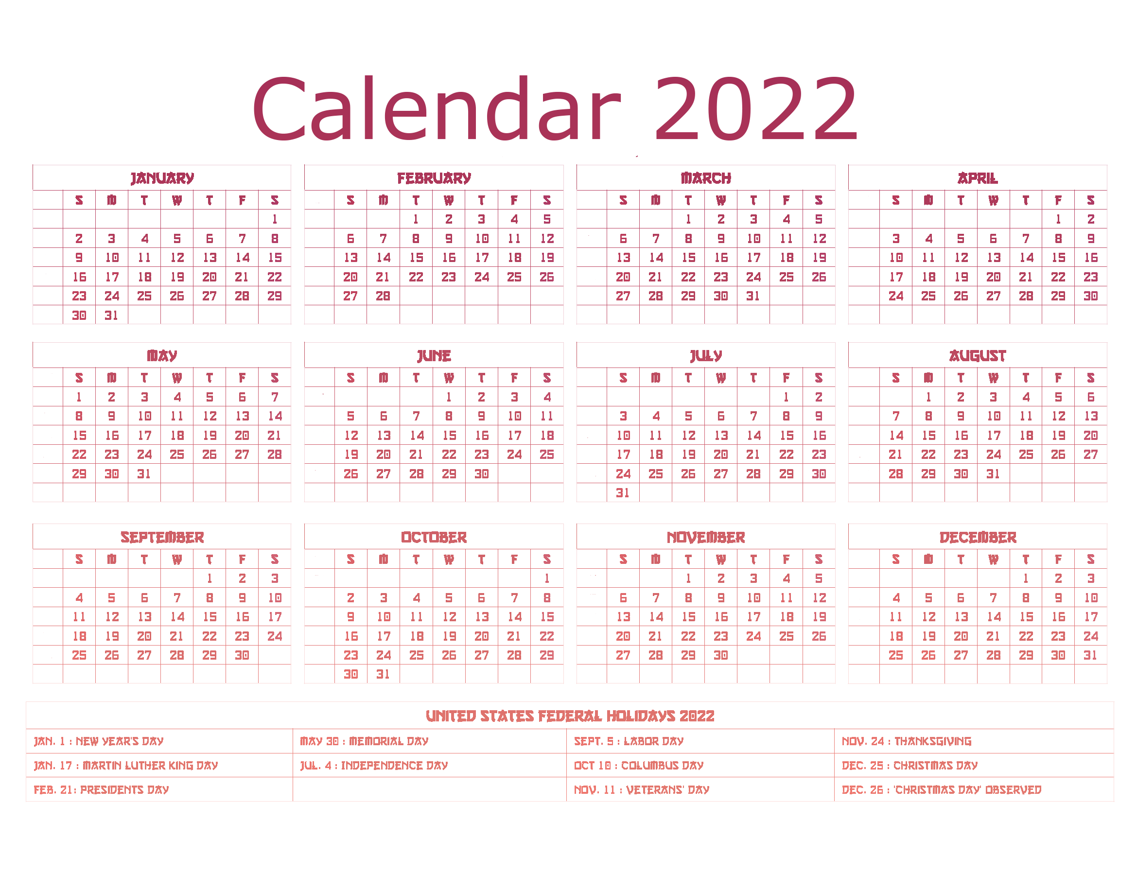 Calendar 2022 Year Transparent PNG Image